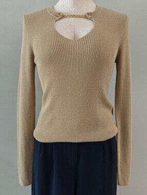 Michael Kors Gold Chain Sweater Top Medium Sparkle Office Party Fun Peek-a-boo